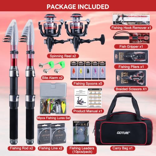 2 Pack Fishing Rod and Reel Combo with Carrier Bag (C6:2PCS Fishing Pole Kit with Carrier Bag / 1.8M/6FT)