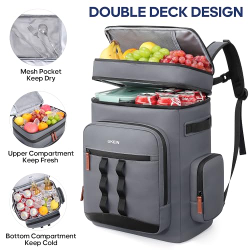 Backpack Cooler Insulated Leakproof 50Cans Lunch Ice Chest Bag Double Deck (Gray)