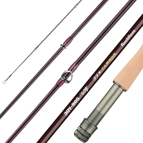 ROOBLINOS 9ft Fast Action Fly Fishing Rod 4 Piece Carbon Fiber Fly Rod with Hard Tube Lightweight & Sensitive for Trout Bass & Stream Freshwater Fishing