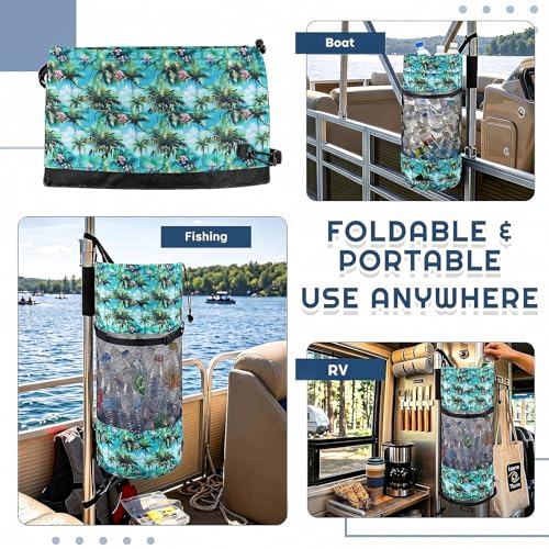 Portable Boat Trash Bag Boat Accessories Container Outdoor Medium Hoop Mesh Trash Bag Reusable Garbage Container Cabin Storage for Men Women Kayak Camper Fishing (Green / Hawaiian)