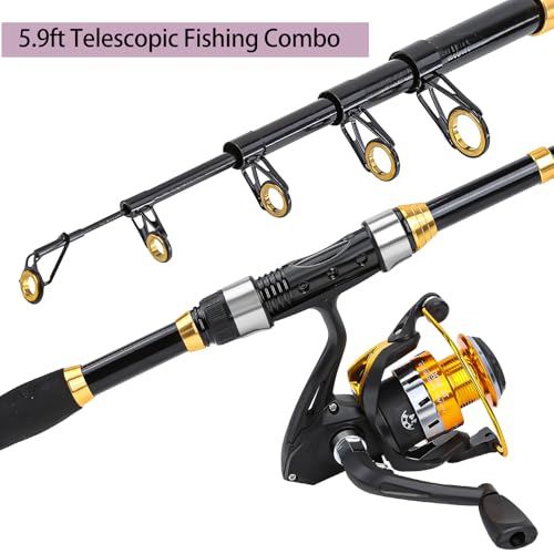 Fishing Rod and Reel Combo Telescopic Fishing Pole 2PCS Reel Set with Collapsible Poles and Carry Bag Portable Travel Freshwater and Saltwater Fishing Starter Kit (ï¼ 2 packï¼ Black and Gold / 5.9FT)