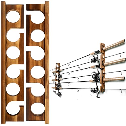 Holds Up to 6 Rods Fishing Pole Rod Racks Wall or Ceiling Mounted Fishing Pole Rod Holders for Garage Storage Organizer Fishing Gear Equipment for Men Women (Carbonization / 1 set holds up 6 rods)
