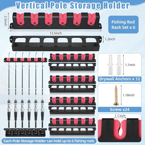 6 Set Fishing Rod Holders for Garage Wall Mount Pole Racks (Vertical)