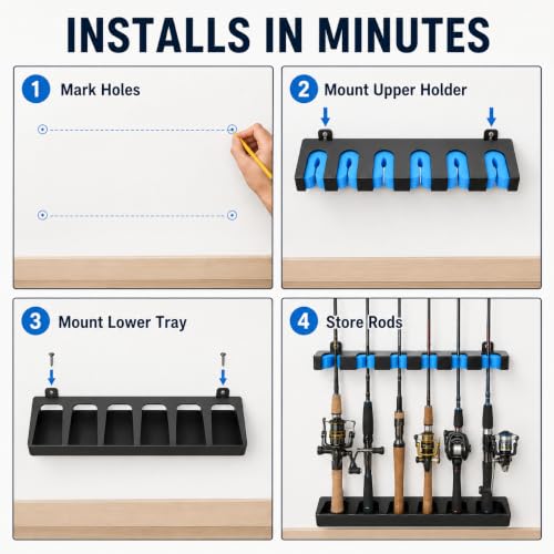 Fishing Rod Holder Wall Mount Rack Organizer (Vertical (Black-Blue))