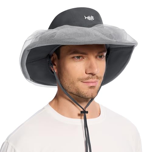 UPF 50+ Mosquito Net Hat with Stowable Neck Flap for Men Women Outdoor Fishing Hiking Camping Gardening FH17 Dark Grey (Large / Dark Grey)