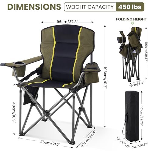 Oversized Camping Chairs for Adults 2 Pack Heavy Duty 450LBS Thick 600D Oxford Fabric Outdoor Waist Support Folding Camping Chairs with Cup Holder and Ice Bag for Sports (Black & Green)
