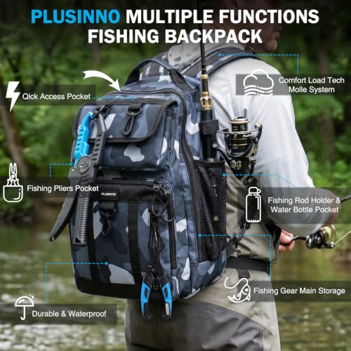 Fishing Backpack with Tackle Box (Blue Camouflage)