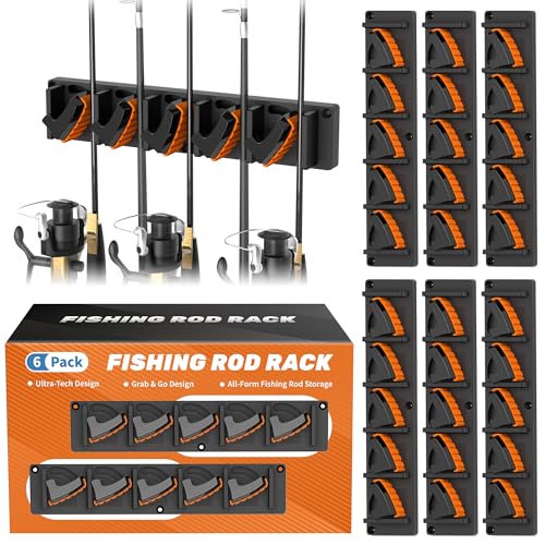 Fishing Rod Holder for Garage Wall (Orange 6-Pack (store 30 combos))