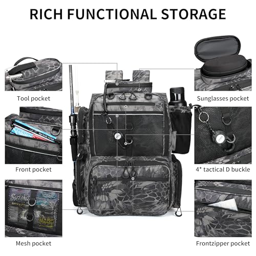 Fishing Tackle Backpack with Rod Holders (Camouflage Black)