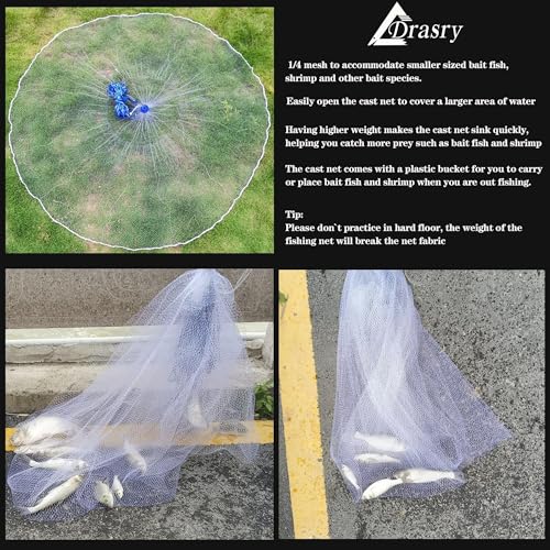 1 4 Saltwater Fishing Cast Net for Bait Shirmp Trap Fish Throw Net with Heavy Lead Sinkers. Size 3FT to 10FT Radius Freshwater（1 (6FT (180cm) Radius / 1/4 Mesh Lead Sinkers-mono)
