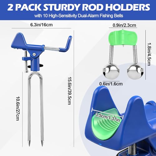 Fishing Rod Holder for Ground (Blue -2 Pack and Bells)