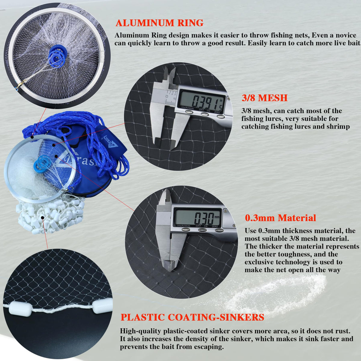 Fishing Cast Net with Aluminum Ring 3 (6 FT Radius)