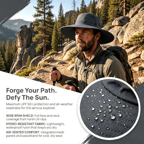 Fishing Sun Hat for Men UPF 50+ Wide Brim Boonie Hats for Summer (Dark Gray)