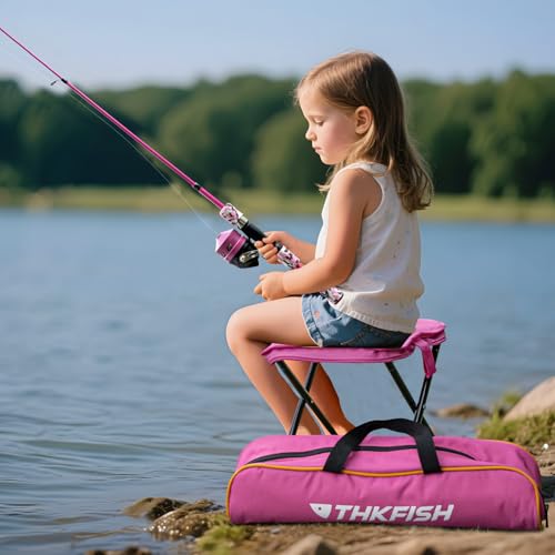 Kids Fishing Pole Set (Pink Pole Set with Folding Stool / 4.9 ft)