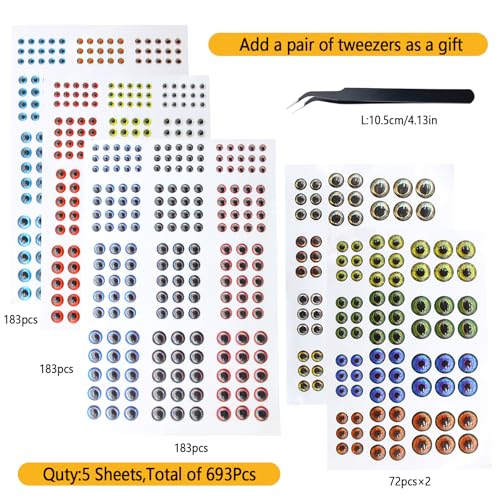 693 Pieces 3D 4D 5D Fishing Lure Eyes Assortment with 1 Piece Tweezer for Making Fish Bait Fly Tying Streamers Crafts DIY Accessory (693pcs)