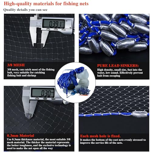 3 8 Saltwater Fishing Cast Net for Bait Trap with Heavy Lead Sinkers Fish Throw Net. Size 3ft (5FT (150cm) Radius / Lead Sinkers-3/8mesh-0.3mm Mono)