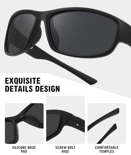 Sports Sunglasses for Men Women Polarized Classic Wrap Around Driving Cycling Golf Fishing Sun Glasses UV Protection 1 (1-black/Gray)