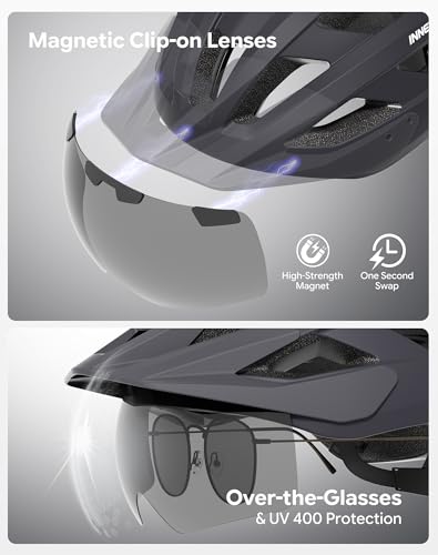 Adult Bike Helmet Rear Light & OTG Magnetic Goggles for Men Women (Grey / Large)