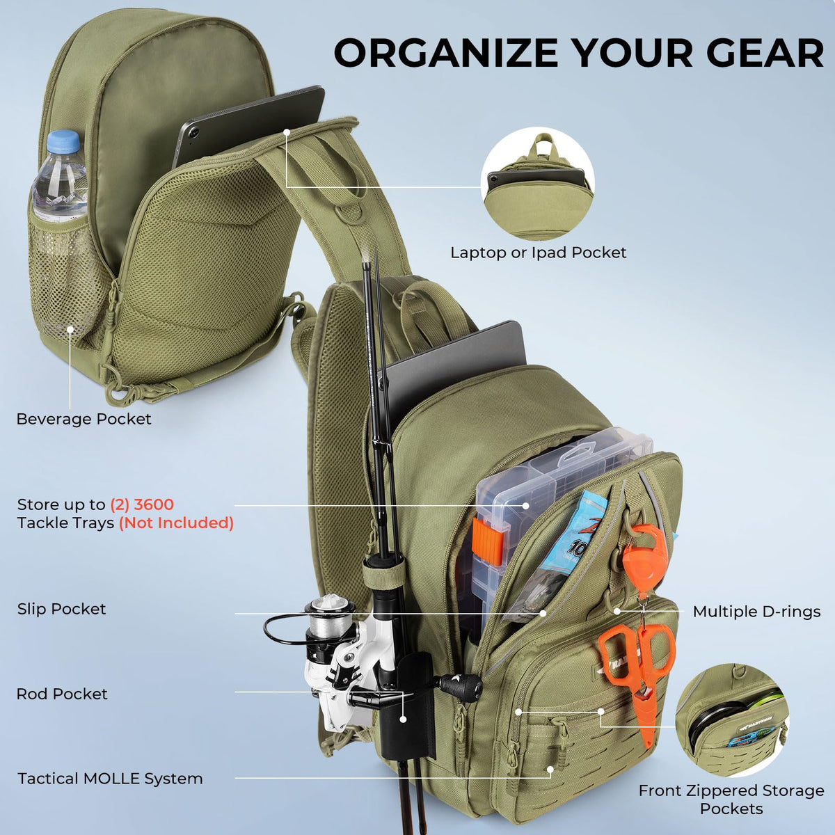 Karryall Fishing Sling Bag With Rod Holder (C: Khaki)