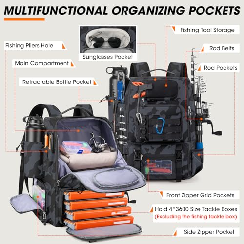 Fishing Backpack 40L Tackle Backpack with Rod Holders & Cooler (Camouflage)