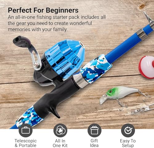 Beginner Kids Fishing Pole & Tackle Box (Camo Blue / 1.5m or 4.9 FT)