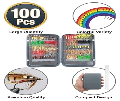 Fly Fishing Flies Nymphs for Fly Fishing Trout Lures with Magnetic Fly Box (100pcs flies kit)