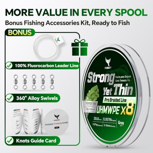 8 Strand Braided Fishing Line 20lb & Fluorocarbon Leader (Gray / 20LB 110YDS)