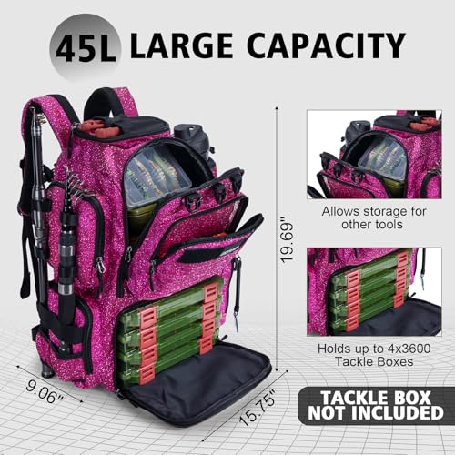 Fishing Tackle Backpack with 2 Rod Holders & Rain Cover