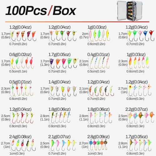Ice Fishing Jigs Kit 100pcs Lures Bait Icefishing Set Crappie Jig Hooks Gear Accessories for Walleye Panfish with Tackle Box Gifts for Men