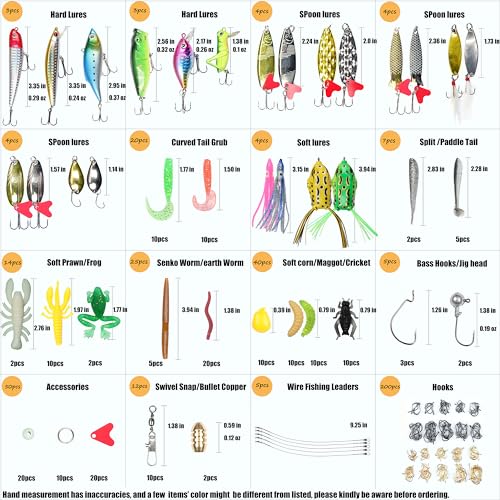 399pcs Fishing Lures Set Fish Lure kit for Bass Trout Salmon Freshwater Fish tackle kit Including Plastic Shrimp worm bait Spoon grasshopper Crankbait Jigs Hooks fishing gear and equipment (Black-399pcs)