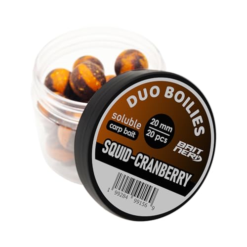 20pcs, 20mm, Squid-Cranberry Natural Premium Soluble Duo Boilies | Carp Fishing Bait (Squid-Cranberry)