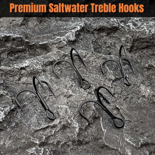 Heavy Duty Treble Hooks 5X Strong Saltwater Lure Fishing Hooks (Black / 2#-24Pcs)