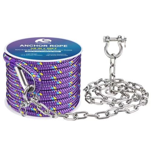 Boat Anchor Rope and Chain Kit (3/8 Inch 50 FT Rope with 3/16Inch 4FT Chain)