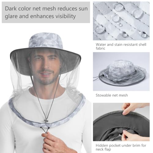 Unisex UPF 50+ Mosquito Net Hat with Neck Flap FH17 (Large / Light Grey Camo)