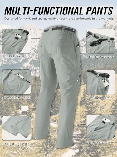 Men's Hiking Cargo Work Pants Lightweight Quick Dry Water Resistant 6 Pockets Fishing Camping Outdoor Stretch Pants LightGreen (Large / Lightgreen)