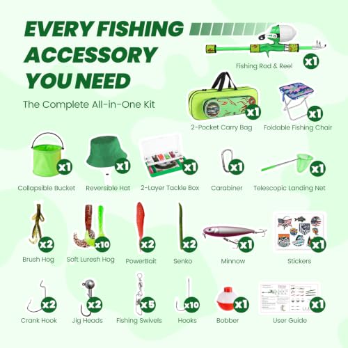 Kids Fishing Pole (Green / 3.94-ft Set + Chair + Hat)