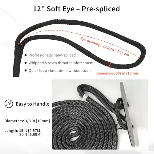 4 Pack 3 8in x 20ft Double Braided Nylon Dock Lines Boat Ropes for Docking with Loop Marine Grade Mooring Lines with 12” Pre (Black / 3/8in x 20ft(4 Pack))