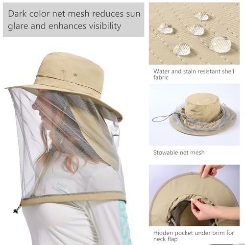 UPF 50+ Mosquito Net Hat with Stowable Neck Flap for Men Women Outdoor Fishing Hiking Camping Gardening FH17 Khaki (Medium / Khaki)