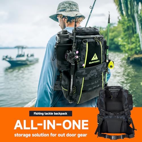 43L Fishing Tackle Backpack with 4 Tackle Boxes & Rod Holder (With 3600*4 Black Camouflage (43l))