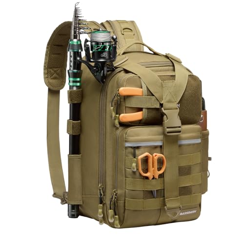 Convertible Fishing Backpack Sling Bag with Rod Holder (Brown Khaki / Large)