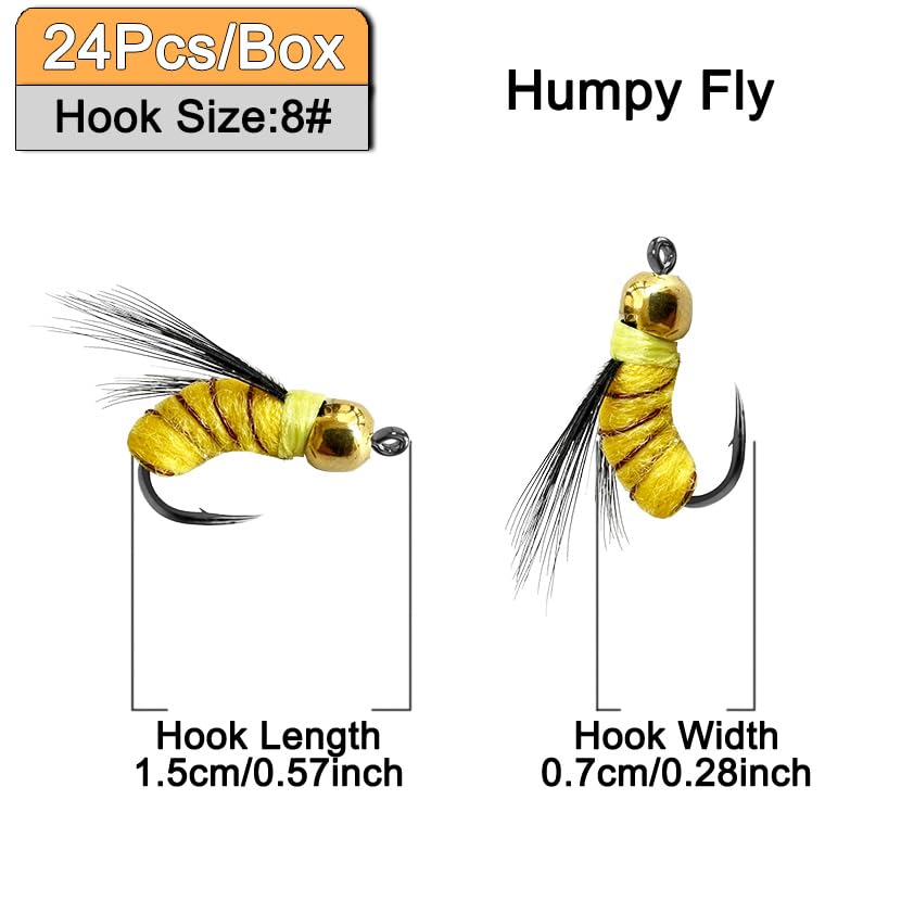 24Pcs Fly Fishing Flies Trout Lures Fishing Tackle Fly Fishing Flies with Boxed Trout Bass Artificial Fish Bait (24Pcs-Humpy Fly)