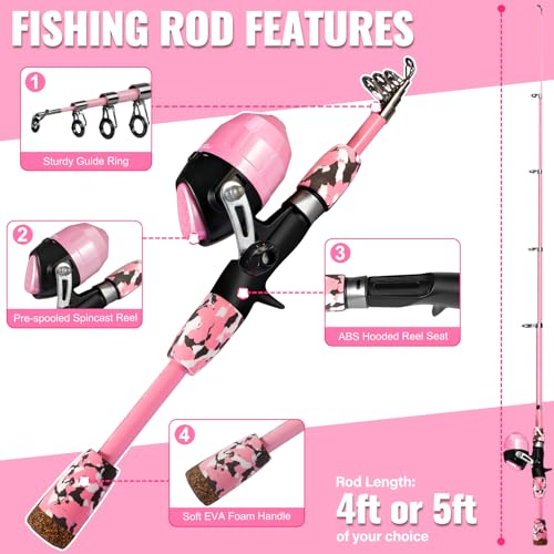 Kids Fishing Pole with Spincast Reel Telescopic Fishing Rod Combo Full Kits for Boys (Pink / 5FT / 1.5M)