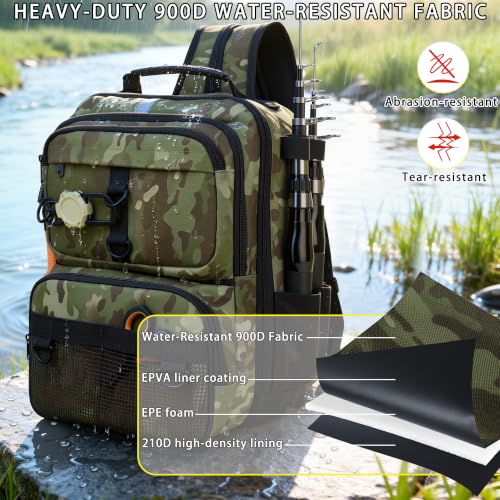 Fishing Backpack with Tackle Boxes and Rod Holder (Army green Camo)