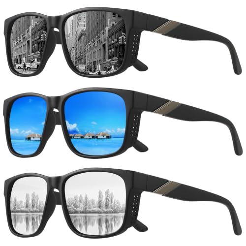 Polarized Sunglasses for Men Women (3pack Black/Blue/Silver)