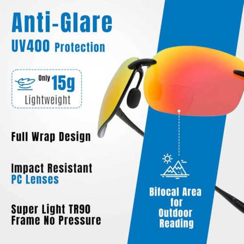 Lightweight Wrap Around Fishing (Black Frame/Red Lens / +2.00 Bifocal)