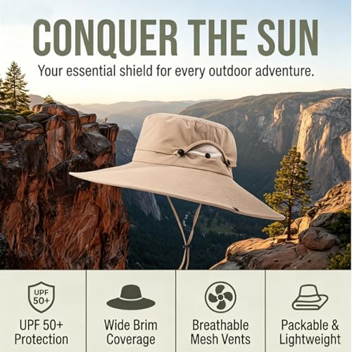 Fishing Sun Hat for Men UPF 50+ Wide Brim Boonie Hats for Summer (Khaki)