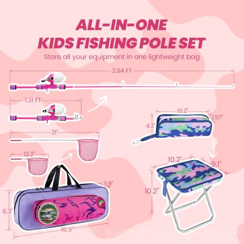 Kids Fishing Pole (Pink / 3.94-ft Set + Chair + Hat)