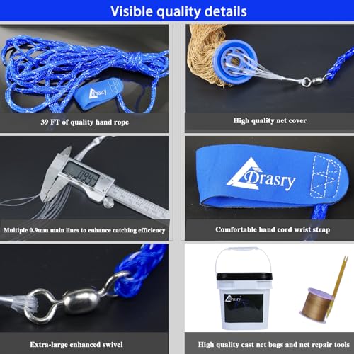 1 2 Saltwater Fishing Cast Net for Bait Trap with Heavy Lead Sinkers Fish Throw Net. Size 3ft (5FT (150cm) Radius / Lead Sinkers-0.5 in Mesh-tire Lines)