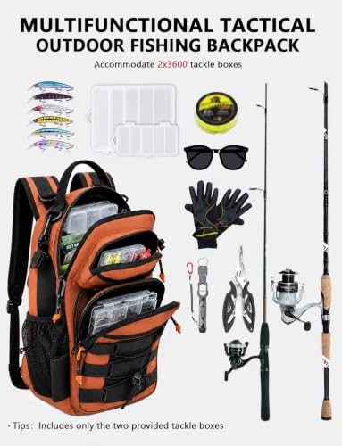 2 in 1 Compact Tactical Fishing Backpack with Tackle Boxes (Orange)