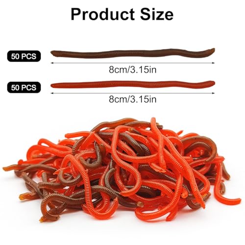 100 Pcs 3.3inch Soft Worms Fishing Lure Baits (Red+Brown)